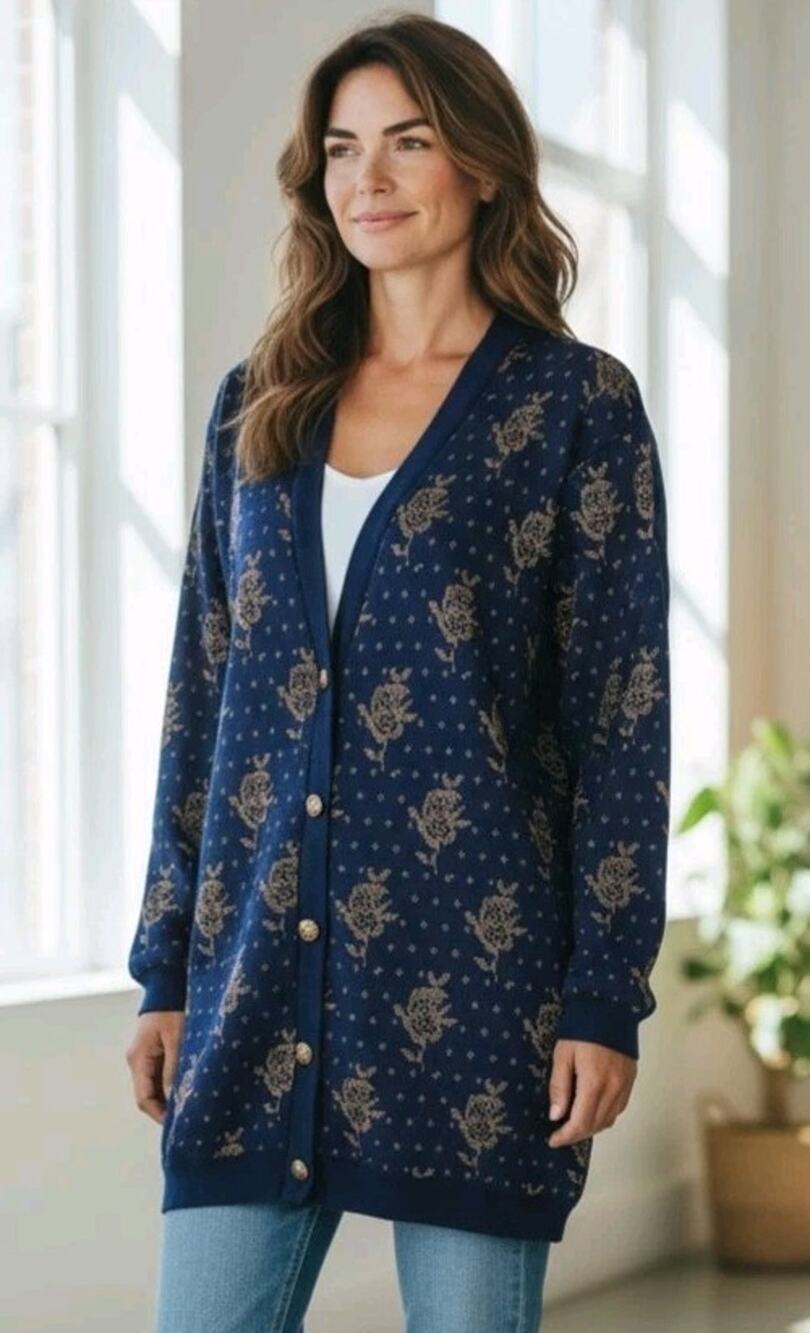 Alfred Sung Women's Large Vintage 90's Blue & Gold Metallic Wool Knit Cardigan